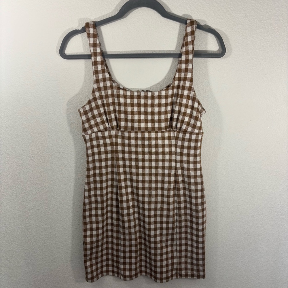 Altar'd State Checkered Brown and White Mini Dress M Preppy Feminine Minimalist